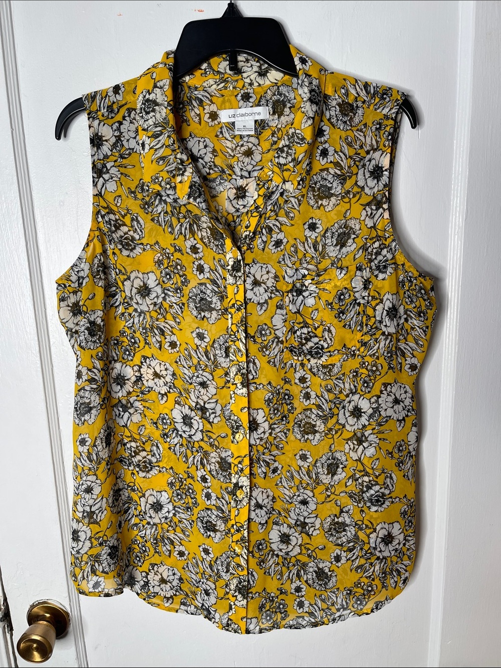 Liz Claiborne Tank Top XL Yellow Black Floral Semi Sheer Button Down Collar